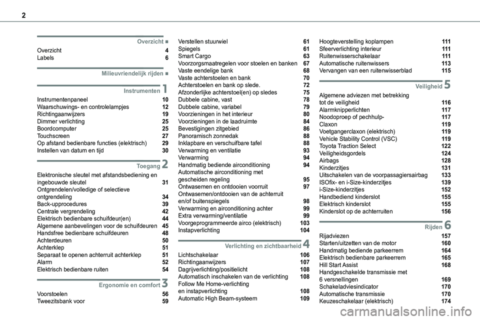 TOYOTA PROACE 2022  Instructieboekje (in Dutch) 2
  
  
  
  ■Overzicht
Overzicht  4Labels  6
  ■Milieuvriendelijk rijden
 1Instrumenten
Instrumentenpaneel  10Waarschuwings- en controlelampjes  12Richtingaanwijzers  19Dimmer verlichting  25