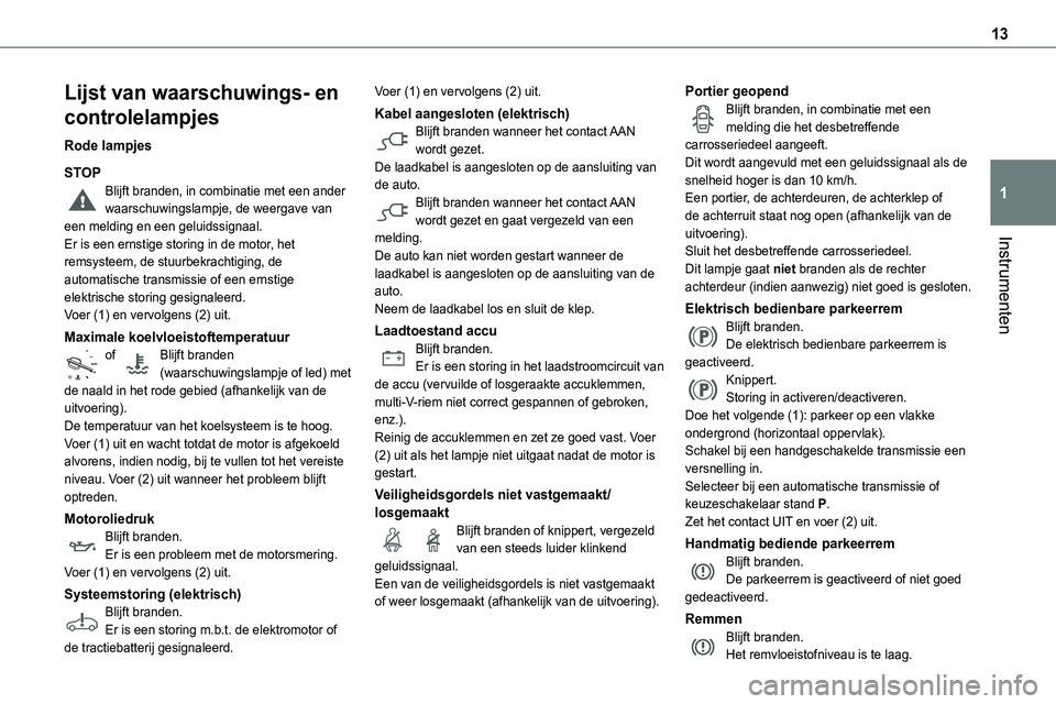 TOYOTA PROACE 2022 Instructieboekje (in Dutch) 13
Instrumenten
1
Lijst van waarschuwings- en
controlelampjes
Rode lampjes
STOPBlijft branden, in combinatie met een ander waarschuwingslampje, de weergave van een melding en een geluidssignaal.Er is TOYOTA PROACE 2022 Instructieboekje (in Dutch) 13
Instrumenten
1
Lijst van waarschuwings- en
controlelampjes
Rode lampjes
STOPBlijft branden, in combinatie met een ander waarschuwingslampje, de weergave van een melding en een geluidssignaal.Er is