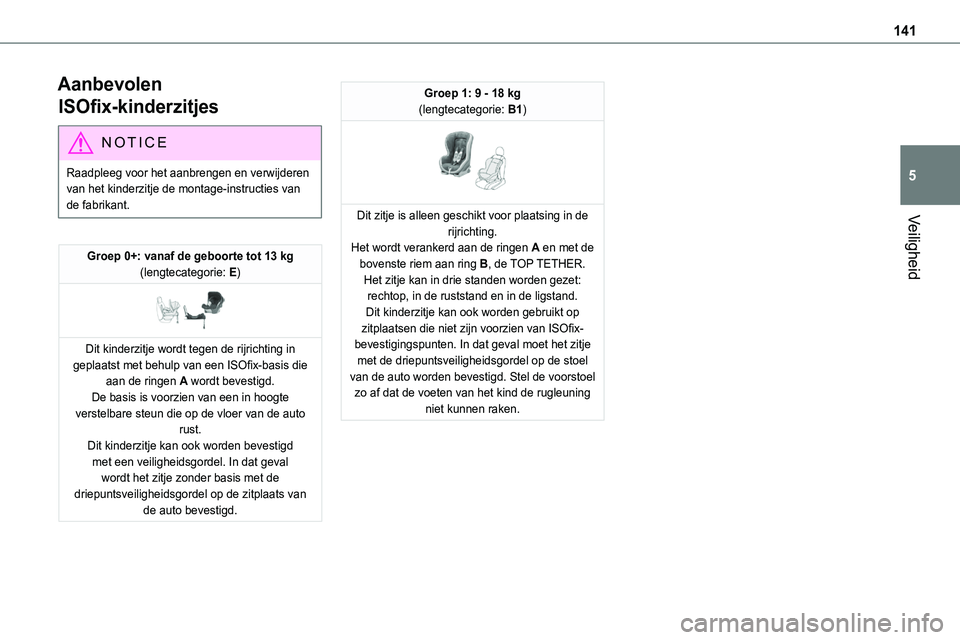 TOYOTA PROACE 2022  Instructieboekje (in Dutch) 141
Veiligheid
5
Aanbevolen 
ISOfix-kinderzitjes
NOTIC E
Raadpleeg voor het aanbrengen en verwijderen van het kinderzitje de montage-instructies van de fabrikant.
Groep 0+: vanaf de geboorte tot 13 kg TOYOTA PROACE 2022  Instructieboekje (in Dutch) 141
Veiligheid
5
Aanbevolen 
ISOfix-kinderzitjes
NOTIC E
Raadpleeg voor het aanbrengen en verwijderen van het kinderzitje de montage-instructies van de fabrikant.
Groep 0+: vanaf de geboorte tot 13 kg