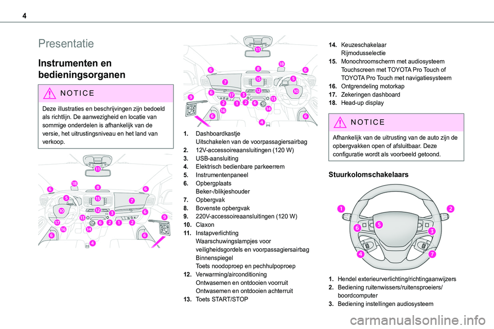 TOYOTA PROACE 2022 Instructieboekje (in Dutch) 4
Presentatie
Instrumenten en
bedieningsorganen
NOTIC E
Deze illustraties en beschrijvingen zijn bedoeld als richtlijn. De aanwezigheid en locatie van sommige onderdelen is afhankelijk van de versie, TOYOTA PROACE 2022 Instructieboekje (in Dutch) 4
Presentatie
Instrumenten en
bedieningsorganen
NOTIC E
Deze illustraties en beschrijvingen zijn bedoeld als richtlijn. De aanwezigheid en locatie van sommige onderdelen is afhankelijk van de versie,