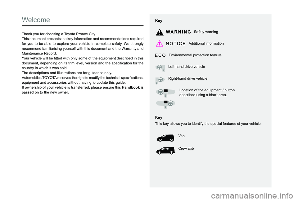 TOYOTA PROACE CITY 2020 Owners Manual
Welcome
Thank you for choosing a Toyota Proace City.This document presents the key information and recommendations required for you to be able to explore TOYOTA PROACE CITY 2020 Owners Manual
Welcome
Thank you for choosing a Toyota Proace City.This document presents the key information and recommendations required for you to be able to explore