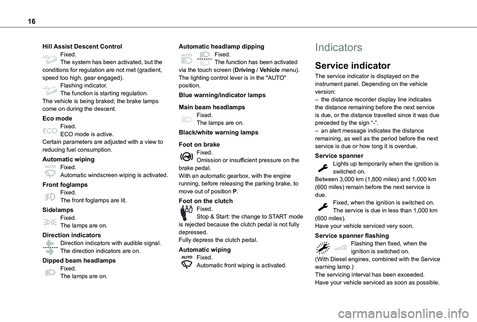 TOYOTA PROACE CITY 2020  Owners Manual 16
Hill Assist Descent ControlFixed.The system has been activated, but the conditions for regulation are not met (gradient, speed too high, gear engaged).Flashing indicator.The function is starting re