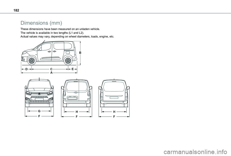 TOYOTA PROACE CITY 2020  Owners Manual 182
Dimensions (mm)
These dimensions have been measured on an unladen vehicle.The vehicle is available in two lengths (L1 and L2).Actual values may vary, depending on wheel diameters, loads, engine, e