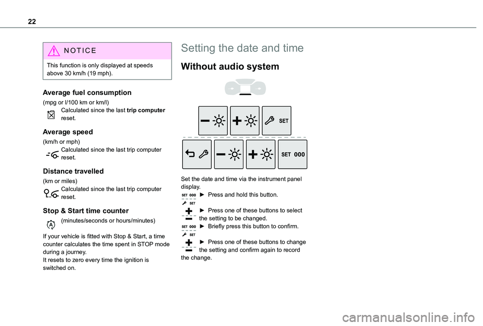 TOYOTA PROACE CITY 2020  Owners Manual 22
NOTIC E
This function is only displayed at speeds above 30 km/h (19 mph).
Average fuel consumption
(mpg or l/100 km or km/l)Calculated since the last trip computer reset.
Average speed
(km/h or mph