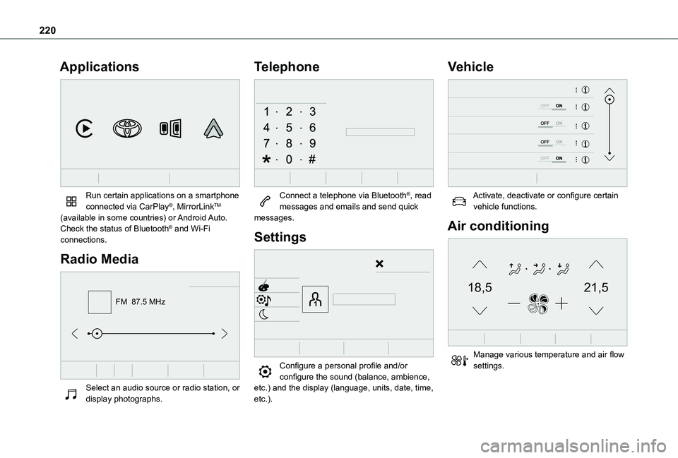 TOYOTA PROACE CITY 2020  Owners Manual 220
Applications 
 
Run certain applications on a smartphone connected via CarPlay®, MirrorLinkTM (available in some countries) or Android Auto.Check the status of Bluetooth® and Wi-Fi connections.
