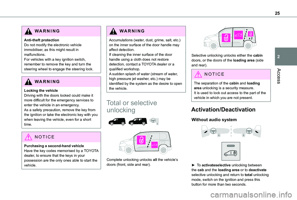 TOYOTA PROACE CITY 2020 Owners Manual 25
Access
2
WARNI NG
Anti-theft protectionDo not modify the electronic vehicle immobiliser, as this might result in malfunctions.For vehicles with a key ignition switch, remember to remove the key and