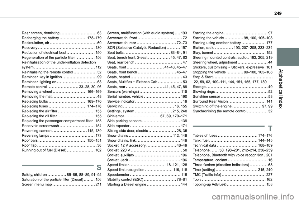 TOYOTA PROACE CITY 2020 Owners Manual 249
Alphabetical index
Rear screen, demisting 63Recharging the battery 178–179Recirculation, air 60Recovery 180Reduction of electrical load 150Regeneration of the particle filter 156Rein TOYOTA PROACE CITY 2020 Owners Manual 249
Alphabetical index
Rear screen, demisting 63Recharging the battery 178–179Recirculation, air 60Recovery 180Reduction of electrical load 150Regeneration of the particle filter 156Rein