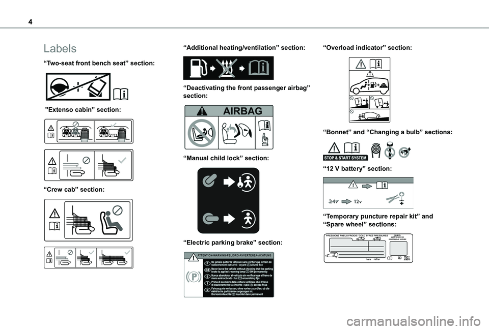 TOYOTA PROACE CITY 2020 Owners Manual 4
Labels
“Two-seat front bench seat” section:
"Extenso cabin” section:
“Crew cab” section:
“Additional heating/ventilation” section:
“Deactivating the front pass TOYOTA PROACE CITY 2020 Owners Manual 4
Labels
“Two-seat front bench seat” section:
"Extenso cabin” section:
“Crew cab” section:
“Additional heating/ventilation” section:
“Deactivating the front pass