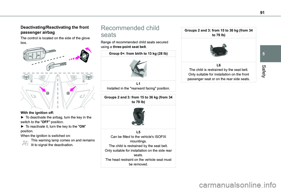 TOYOTA PROACE CITY 2020 Owners Manual 91
Safety
5
Deactivating/Reactivating the front
passenger airbag
The control is located on the side of the glove box.
With the ignition off:► To deactivate the airbag, turn the key in the switch TOYOTA PROACE CITY 2020 Owners Manual 91
Safety
5
Deactivating/Reactivating the front
passenger airbag
The control is located on the side of the glove box.
With the ignition off:► To deactivate the airbag, turn the key in the switch