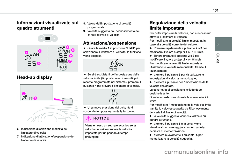TOYOTA PROACE CITY 2020 Manuale duso (in Italian) 131
Guida
6
Informazioni visualizzate sul
quadro strumenti
Head-up display
6.Indicazione di selezione modalità del limitatore di velocità
7.Indicazione di attivazione/sospensione del limit TOYOTA PROACE CITY 2020 Manuale duso (in Italian) 131
Guida
6
Informazioni visualizzate sul
quadro strumenti
Head-up display
6.Indicazione di selezione modalità del limitatore di velocità
7.Indicazione di attivazione/sospensione del limit