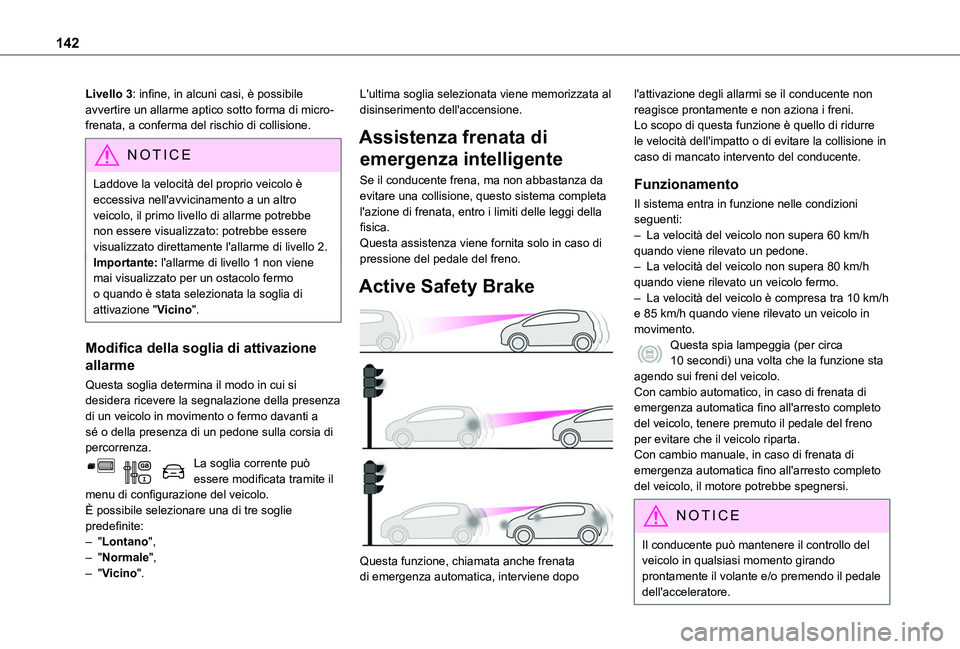 TOYOTA PROACE CITY 2020 Manuale duso (in Italian) 142
Livello 3: infine, in alcuni casi, è possibile avvertire un allarme aptico sotto forma di micro-frenata, a conferma del rischio di collisione.
NOTIC E
Laddove la velocità del proprio veicolo è TOYOTA PROACE CITY 2020 Manuale duso (in Italian) 142
Livello 3: infine, in alcuni casi, è possibile avvertire un allarme aptico sotto forma di micro-frenata, a conferma del rischio di collisione.
NOTIC E
Laddove la velocità del proprio veicolo è