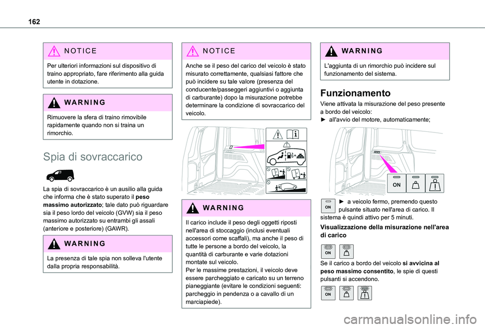 TOYOTA PROACE CITY 2020  Manuale duso (in Italian) 162
NOTIC E
Per ulteriori informazioni sul dispositivo di traino appropriato, fare riferimento alla guida utente in dotazione.
WARNI NG
Rimuovere la sfera di traino rimovibile rapidamente quando non s