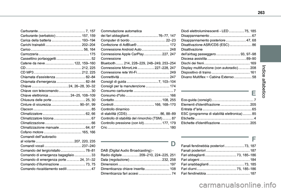 TOYOTA PROACE CITY 2020  Manuale duso (in Italian) 263
Indice alfabetico
Carburante   7, 157Carburante (serbatoio)   157, 159Carica della batteria   193–194Carichi trainabili   202–204Carico   56, 164Carrozzeria   175Cassettino portaoggetti   52Ca