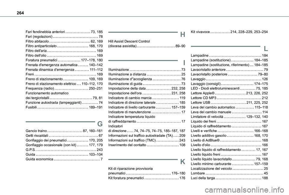 TOYOTA PROACE CITY 2020  Manuale duso (in Italian) 264
Fari fendinebbia anteriori   73, 185Fari (regolazioni)   78Filtro abitacolo   62, 169Filtro antiparticolato   168, 170Filtro dell'aria   169Filtro dell'olio   169Foratura pneumatici   177