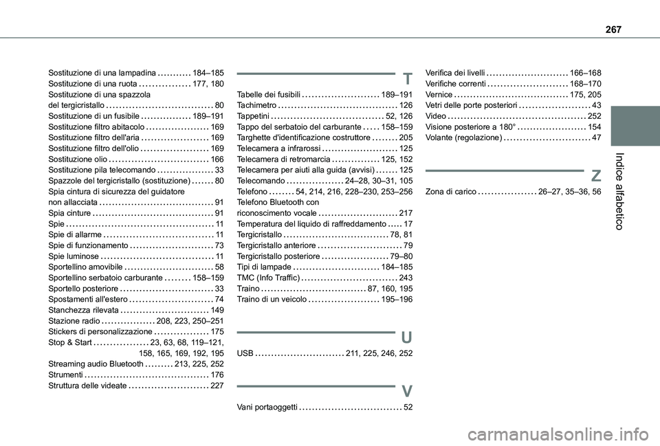TOYOTA PROACE CITY 2020  Manuale duso (in Italian) 267
Indice alfabetico
Sostituzione di una lampadina   184–185Sostituzione di una ruota   177, 180Sostituzione di una spazzola  del tergicristallo   80Sostituzione di un fusibile   189–191Sostituzi
