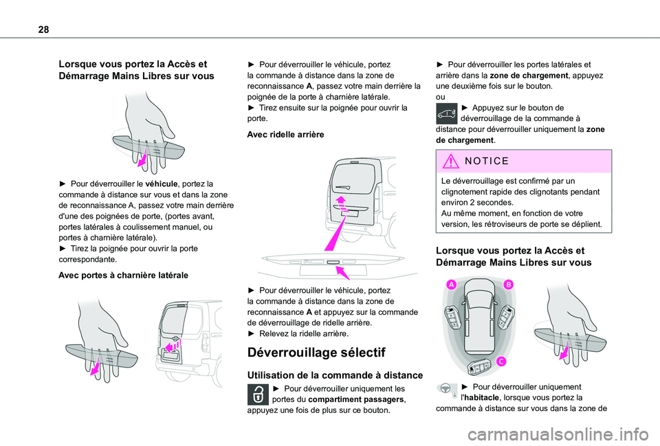 TOYOTA PROACE CITY 2020 Notices Demploi (in French) 28
Lorsque vous portez la Accès et
Démarrage Mains Libres sur vous
► Pour déverrouiller le véhicule, portez la commande à distance sur vous et dans la zone de reconnaissance A, passez votre TOYOTA PROACE CITY 2020 Notices Demploi (in French) 28
Lorsque vous portez la Accès et
Démarrage Mains Libres sur vous
► Pour déverrouiller le véhicule, portez la commande à distance sur vous et dans la zone de reconnaissance A, passez votre