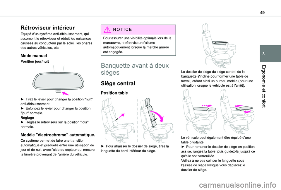 TOYOTA PROACE CITY 2020 Notices Demploi (in French) 49
Ergonomie et confort
3
Rétroviseur intérieur
Equipé d'un système anti-éblouissement, qui assombrit le rétroviseur et réduit les nuisances causées au conducteur par le soleil, les phares TOYOTA PROACE CITY 2020 Notices Demploi (in French) 49
Ergonomie et confort
3
Rétroviseur intérieur
Equipé d'un système anti-éblouissement, qui assombrit le rétroviseur et réduit les nuisances causées au conducteur par le soleil, les phares