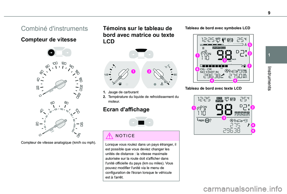 TOYOTA PROACE CITY 2020  Notices Demploi (in French) 9
Instruments
1
Combiné d'instruments
Compteur de vitesse 
  
 
Compteur de vitesse analogique (km/h ou mph).
Témoins sur le tableau de 
bord avec matrice ou texte 
LCD 
 
1.Jauge de carburant
2