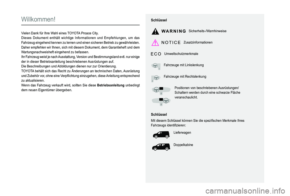 TOYOTA PROACE CITY 2020  Betriebsanleitungen (in German)  
  
 
  
 
  
  
   
   
 
  
   
  
    
   
Willkommen!
Vielen Dank für Ihre Wahl eines TOYOTA Proace City.Dieses Dokument enthält wichtige Informationen und Empfehlungen, um das Fahrzeug eingehe