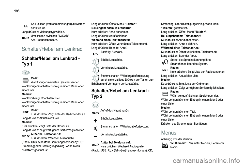 TOYOTA PROACE CITY 2020 Betriebsanleitungen (in German) 198
TA-Funktion (Verkehrsmeldungen) aktivieren/deaktivieren.Lang drücken: Meldungstyp wählen.Umschalten zwischen FM/DAB/AM-Frequenzbändern.
Schalter/Hebel am Lenkrad
Schalter/Hebel am Lenkrad -
Ty TOYOTA PROACE CITY 2020 Betriebsanleitungen (in German) 198
TA-Funktion (Verkehrsmeldungen) aktivieren/deaktivieren.Lang drücken: Meldungstyp wählen.Umschalten zwischen FM/DAB/AM-Frequenzbändern.
Schalter/Hebel am Lenkrad
Schalter/Hebel am Lenkrad -
Ty