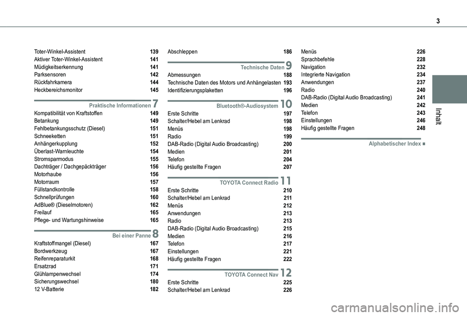 TOYOTA PROACE CITY 2020 Betriebsanleitungen (in German) 3
Inhalt
Toter-Winkel-Assistent 139Aktiver Toter-Winkel-Assistent 141Müdigkeitserkennung 141Parksensoren 142Rückfahrkamera 144Heckbereichsmonitor 145
7Praktische InformationenKompatibilität TOYOTA PROACE CITY 2020 Betriebsanleitungen (in German) 3
Inhalt
Toter-Winkel-Assistent 139Aktiver Toter-Winkel-Assistent 141Müdigkeitserkennung 141Parksensoren 142Rückfahrkamera 144Heckbereichsmonitor 145
7Praktische InformationenKompatibilität