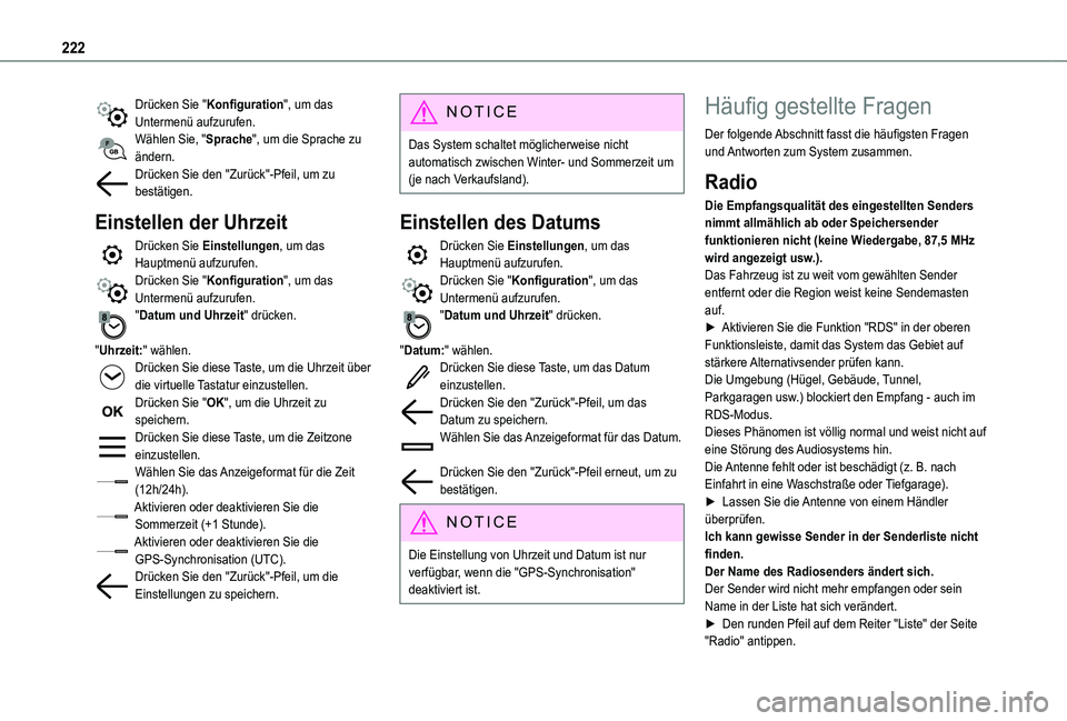 TOYOTA PROACE CITY 2020 Betriebsanleitungen (in German) 222
Drücken Sie "Konfiguration", um das Untermenü aufzurufen.Wählen Sie, "Sprache", um die Sprache zu ändern.Drücken Sie den "Zurück"-Pfeil, um zu bestätigen.
Einstellen TOYOTA PROACE CITY 2020 Betriebsanleitungen (in German) 222
Drücken Sie "Konfiguration", um das Untermenü aufzurufen.Wählen Sie, "Sprache", um die Sprache zu ändern.Drücken Sie den "Zurück"-Pfeil, um zu bestätigen.
Einstellen