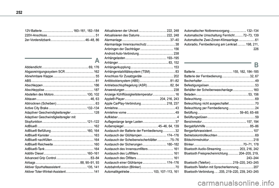 TOYOTA PROACE CITY 2020 Betriebsanleitungen (in German) 252
12V-Batterie 160–161, 182–184220V-Anschluss 512er-Vordersitzbank 46–48, 86
A
Abblendlicht 69, 176Abgasreinigungssystem SCR 162Abnehmbare Klappe 55ABS 81Abschleppen 186Abschle TOYOTA PROACE CITY 2020 Betriebsanleitungen (in German) 252
12V-Batterie 160–161, 182–184220V-Anschluss 512er-Vordersitzbank 46–48, 86
A
Abblendlicht 69, 176Abgasreinigungssystem SCR 162Abnehmbare Klappe 55ABS 81Abschleppen 186Abschle