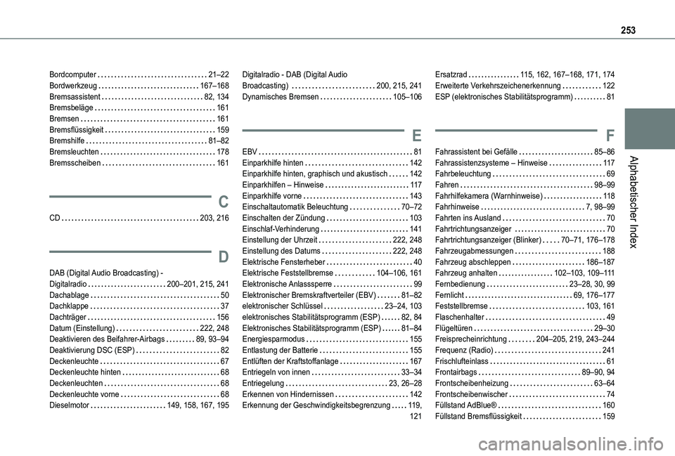 TOYOTA PROACE CITY 2020 Betriebsanleitungen (in German) 253
Alphabetischer Index
Bordcomputer 21–22Bordwerkzeug 167–168Bremsassistent 82, 134Bremsbeläge 161Bremsen 161Bremsflüssigkeit 159Bremshilfe 81–82Bremsleuchten 178Bremsscheibe TOYOTA PROACE CITY 2020 Betriebsanleitungen (in German) 253
Alphabetischer Index
Bordcomputer 21–22Bordwerkzeug 167–168Bremsassistent 82, 134Bremsbeläge 161Bremsen 161Bremsflüssigkeit 159Bremshilfe 81–82Bremsleuchten 178Bremsscheibe