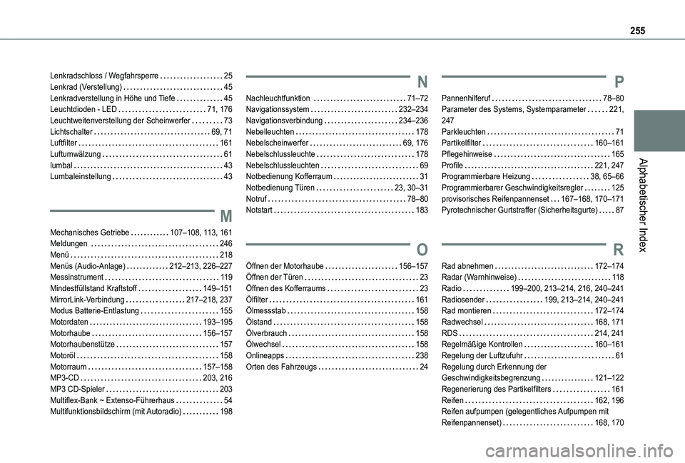 TOYOTA PROACE CITY 2020 Betriebsanleitungen (in German) 255
Alphabetischer Index
Lenkradschloss / Wegfahrsperre 25Lenkrad (Verstellung) 45Lenkradverstellung in Höhe und Tiefe 45Leuchtdioden - LED 71, 176Leuchtweitenverstellung der Scheinwerfer 7 TOYOTA PROACE CITY 2020 Betriebsanleitungen (in German) 255
Alphabetischer Index
Lenkradschloss / Wegfahrsperre 25Lenkrad (Verstellung) 45Lenkradverstellung in Höhe und Tiefe 45Leuchtdioden - LED 71, 176Leuchtweitenverstellung der Scheinwerfer 7