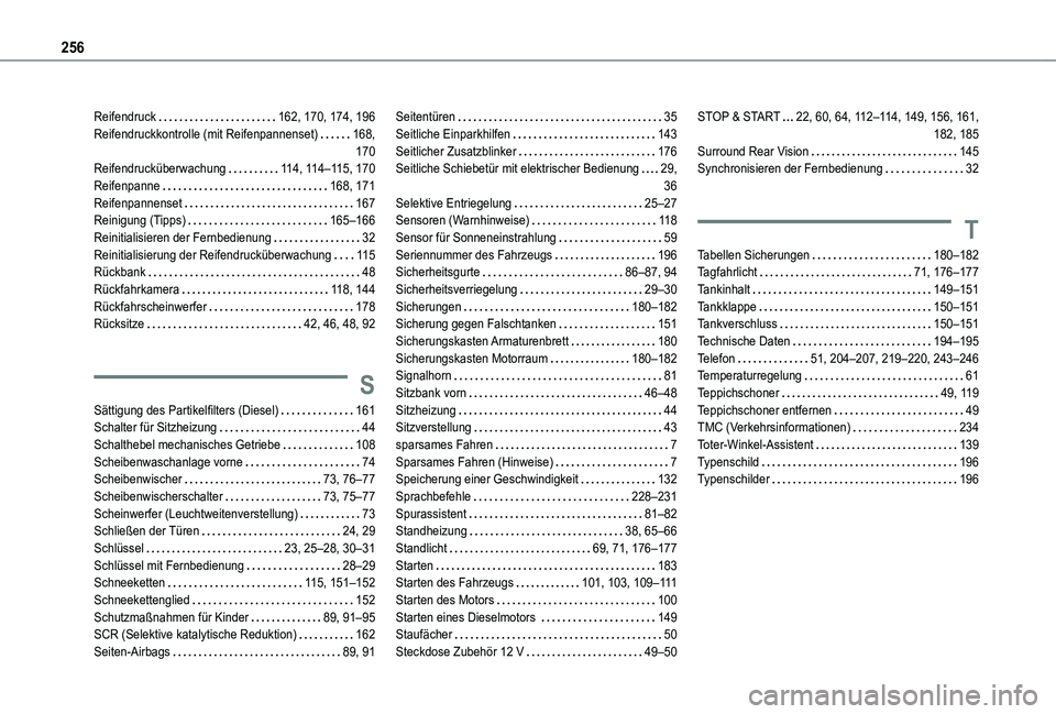 TOYOTA PROACE CITY 2020 Betriebsanleitungen (in German) 256
Reifendruck 162, 170, 174, 196Reifendruckkontrolle (mit Reifenpannenset) 168, 170Reifendrucküberwachung 11 4, 11 4–11 5, 170Reifenpanne 168, 171Reifenpannenset 167Reinigung (Tipps) TOYOTA PROACE CITY 2020 Betriebsanleitungen (in German) 256
Reifendruck 162, 170, 174, 196Reifendruckkontrolle (mit Reifenpannenset) 168, 170Reifendrucküberwachung 11 4, 11 4–11 5, 170Reifenpanne 168, 171Reifenpannenset 167Reinigung (Tipps)