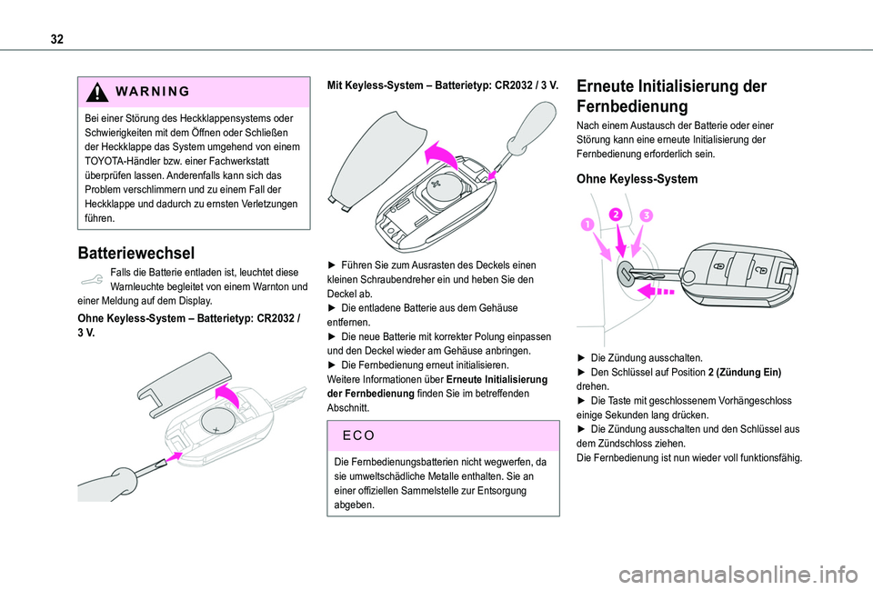 TOYOTA PROACE CITY 2020 Betriebsanleitungen (in German) 32
WARNI NG
Bei einer Störung des Heckklappensystems oder Schwierigkeiten mit dem Öffnen oder Schließen der Heckklappe das System umgehend von einem TOYOTA-Händler bzw. einer Fachwerkstatt überpr TOYOTA PROACE CITY 2020 Betriebsanleitungen (in German) 32
WARNI NG
Bei einer Störung des Heckklappensystems oder Schwierigkeiten mit dem Öffnen oder Schließen der Heckklappe das System umgehend von einem TOYOTA-Händler bzw. einer Fachwerkstatt überpr