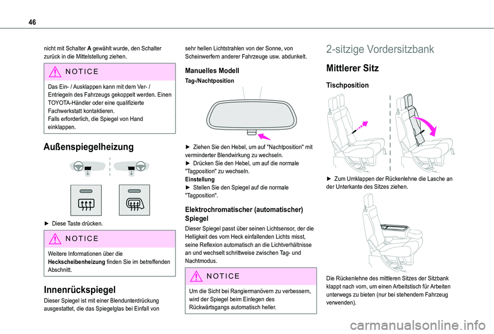 TOYOTA PROACE CITY 2020 Betriebsanleitungen (in German) 46
nicht mit Schalter A gewählt wurde, den Schalter zurück in die Mittelstellung ziehen.
NOTIC E
Das Ein- / Ausklappen kann mit dem Ver- / Entriegeln des Fahrzeugs gekoppelt werden. Einen TOYOTA-Hä TOYOTA PROACE CITY 2020 Betriebsanleitungen (in German) 46
nicht mit Schalter A gewählt wurde, den Schalter zurück in die Mittelstellung ziehen.
NOTIC E
Das Ein- / Ausklappen kann mit dem Ver- / Entriegeln des Fahrzeugs gekoppelt werden. Einen TOYOTA-Hä