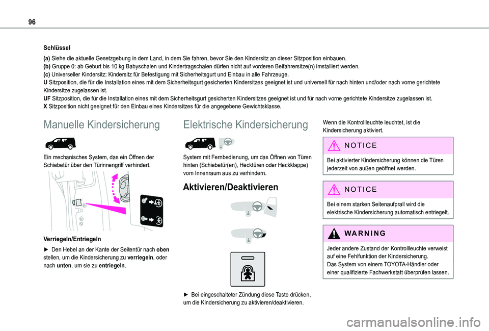 TOYOTA PROACE CITY 2020 Betriebsanleitungen (in German) 96
Schlüssel
(a) Siehe die aktuelle Gesetzgebung in dem Land, in dem Sie fahren, bevor S\
ie den Kindersitz an dieser Sitzposition einbauen.(b) Gruppe 0: ab Geburt bis 10 kg Babyschalen und Kindertra TOYOTA PROACE CITY 2020 Betriebsanleitungen (in German) 96
Schlüssel
(a) Siehe die aktuelle Gesetzgebung in dem Land, in dem Sie fahren, bevor S\
ie den Kindersitz an dieser Sitzposition einbauen.(b) Gruppe 0: ab Geburt bis 10 kg Babyschalen und Kindertra