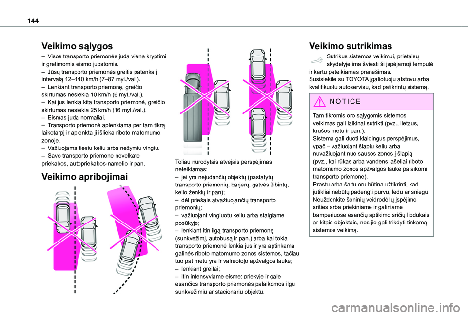 TOYOTA PROACE CITY 2020 Eksploatavimo vadovas (in Lithuanian) 144
Veikimo sąlygos
– Visos transporto priemonės juda viena kryptimi ir gretimomis eismo juostomis.– Jūsų transporto priemonės greitis patenka į intervalą 12–140 km/h (7–87 myl./val.). TOYOTA PROACE CITY 2020 Eksploatavimo vadovas (in Lithuanian) 144
Veikimo sąlygos
– Visos transporto priemonės juda viena kryptimi ir gretimomis eismo juostomis.– Jūsų transporto priemonės greitis patenka į intervalą 12–140 km/h (7–87 myl./val.).