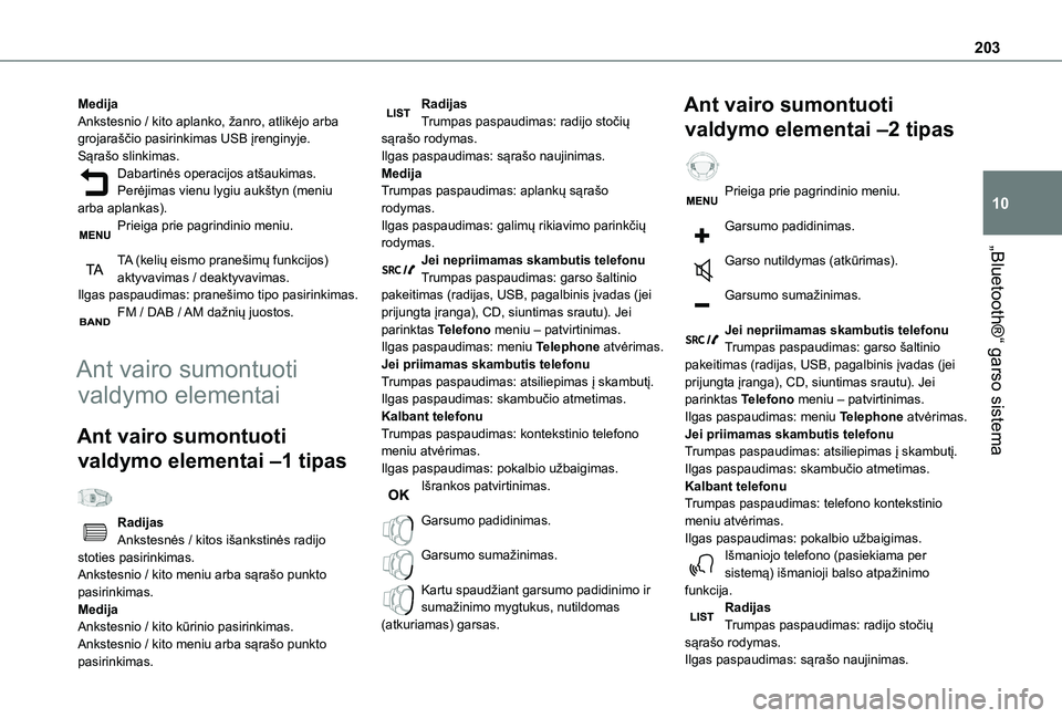 TOYOTA PROACE CITY 2020 Eksploatavimo vadovas (in Lithuanian) 203
„Bluetooth®“ garso sistema
10
MedijaAnkstesnio / kito aplanko, žanro, atlikėjo arba grojaraščio pasirinkimas USB įrenginyje.Sąrašo slinkimas.Dabartinės operacijos atšaukimas.Perėjim TOYOTA PROACE CITY 2020 Eksploatavimo vadovas (in Lithuanian) 203
„Bluetooth®“ garso sistema
10
MedijaAnkstesnio / kito aplanko, žanro, atlikėjo arba grojaraščio pasirinkimas USB įrenginyje.Sąrašo slinkimas.Dabartinės operacijos atšaukimas.Perėjim