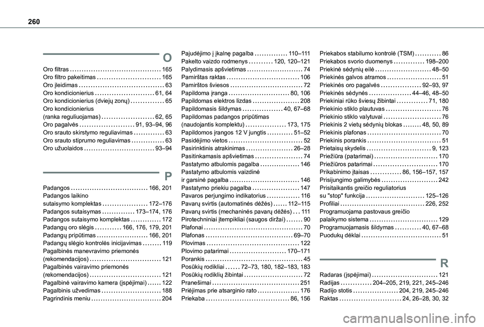 TOYOTA PROACE CITY 2020 Eksploatavimo vadovas (in Lithuanian) 260
O
Oro filtras 165Oro filtro pakeitimas 165Oro įleidimas 63Oro kondicionierius 61, 64Oro kondicionierius (dviejų zonų) 65Oro kondicionierius (ranka reguliuojamas) 62, 65Oro pagalvė TOYOTA PROACE CITY 2020 Eksploatavimo vadovas (in Lithuanian) 260
O
Oro filtras 165Oro filtro pakeitimas 165Oro įleidimas 63Oro kondicionierius 61, 64Oro kondicionierius (dviejų zonų) 65Oro kondicionierius (ranka reguliuojamas) 62, 65Oro pagalvė