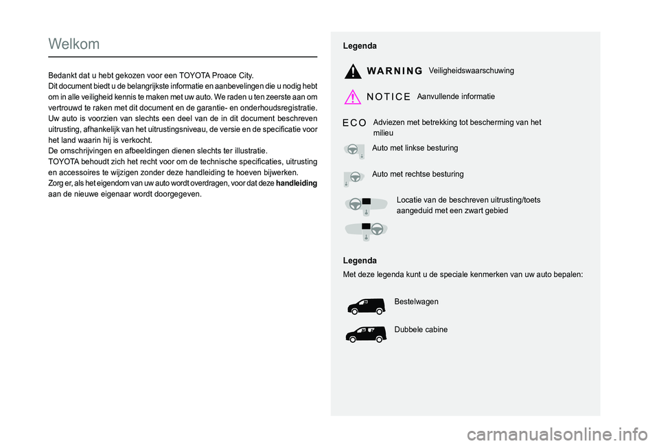 TOYOTA PROACE CITY 2020  Instructieboekje (in Dutch)  
  
 
  
 
  
  
   
   
 
  
   
  
    
   
Welkom
Bedankt dat u hebt gekozen voor een TOYOTA Proace City.Dit document biedt u de belangrijkste informatie en aanbevelingen die u nodig hebt om in al