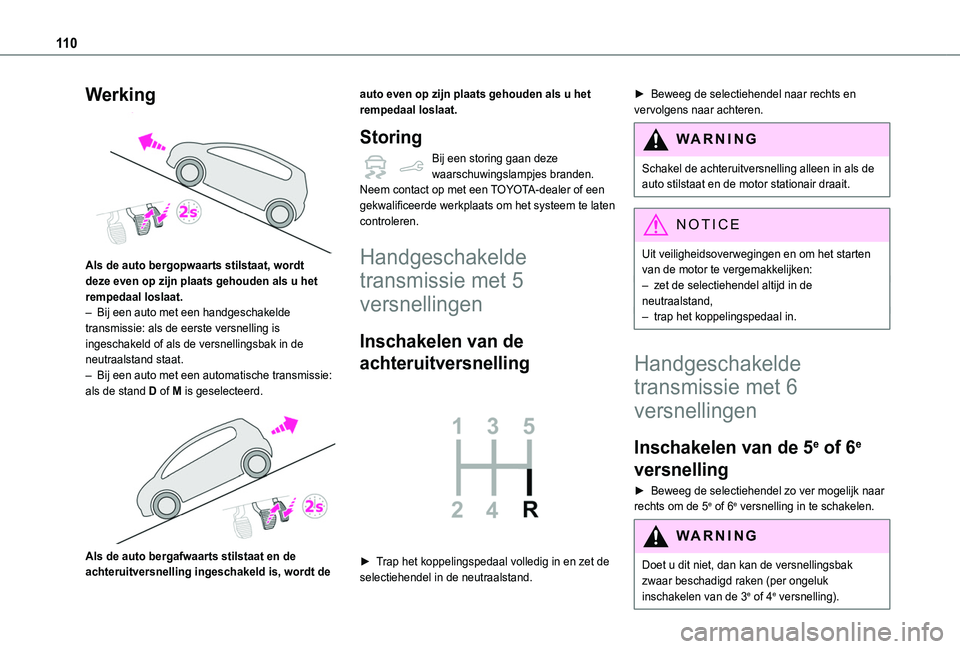 TOYOTA PROACE CITY 2020  Instructieboekje (in Dutch) 11 0
Werking 
 
Als de auto bergopwaarts stilstaat, wordt deze even op zijn plaats gehouden als u het rempedaal loslaat.– Bij een auto met een handgeschakelde transmissie: als de eerste versnelling 