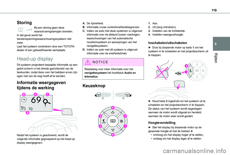 TOYOTA PROACE CITY 2020  Instructieboekje (in Dutch) 11 9
Rijden
6
Storing
Bij een storing gaan deze waarschuwingslampjes branden.In dat geval werkt het bandenspanningswaarschuwingssysteem niet meer.Laat het systeem controleren door een TOYOTA-dealer of
