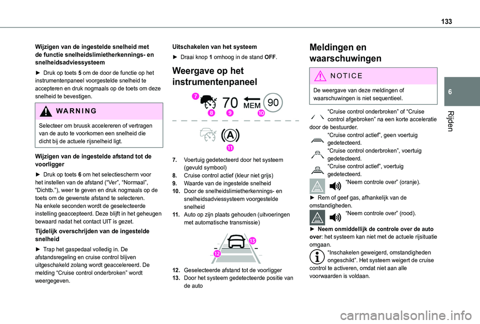 TOYOTA PROACE CITY 2020  Instructieboekje (in Dutch) 133
Rijden
6
Wijzigen van de ingestelde snelheid met de functie snelheidslimietherkennings- en snelheidsadviessysteem
► Druk op toets 5 om de door de functie op het instrumentenpaneel voorgestelde s