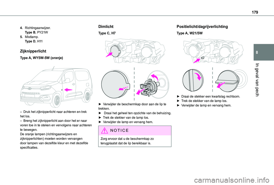 TOYOTA PROACE CITY 2020 Instructieboekje (in Dutch) 179
In geval van pech
8
4.Richtingaanwijzer.Type B, PY21W
5.Mistlamp.Type D, H11
Zijknipperlicht
Type A, WY5W-5W (oranje)
– Druk het zijknipperlicht naar achteren en trek het los.– Breng het zi TOYOTA PROACE CITY 2020 Instructieboekje (in Dutch) 179
In geval van pech
8
4.Richtingaanwijzer.Type B, PY21W
5.Mistlamp.Type D, H11
Zijknipperlicht
Type A, WY5W-5W (oranje)
– Druk het zijknipperlicht naar achteren en trek het los.– Breng het zi