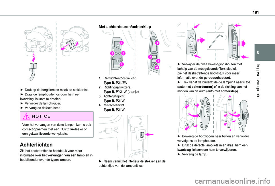 TOYOTA PROACE CITY 2020 Instructieboekje (in Dutch) 181
In geval van pech
8
► Druk op de borgklem en maak de stekker los.► Draai de lamphouder los door hem een kwartslag linksom te draaien.► Verwijder de lamphouder.► Vervang de defecte lamp.
TOYOTA PROACE CITY 2020 Instructieboekje (in Dutch) 181
In geval van pech
8
► Druk op de borgklem en maak de stekker los.► Draai de lamphouder los door hem een kwartslag linksom te draaien.► Verwijder de lamphouder.► Vervang de defecte lamp.