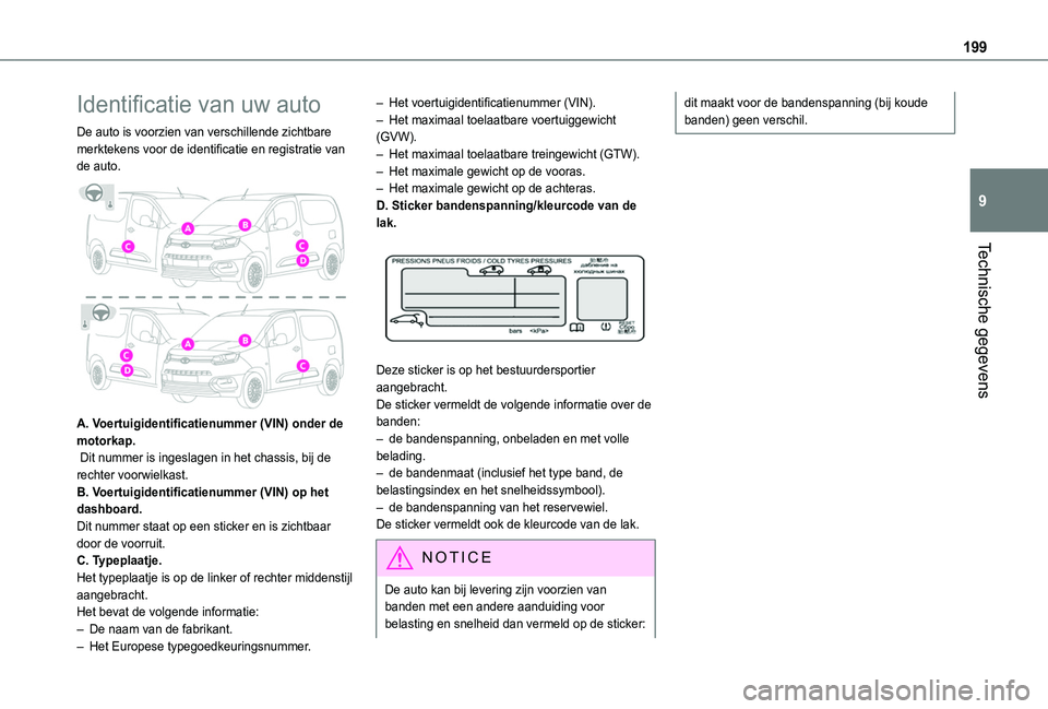 TOYOTA PROACE CITY 2020 Instructieboekje (in Dutch) 199
Technische gegevens
9
Identificatie van uw auto
De auto is voorzien van verschillende zichtbare merktekens voor de identificatie en registratie van de auto.
A. Voertuigidentificatienummer (VIN) TOYOTA PROACE CITY 2020 Instructieboekje (in Dutch) 199
Technische gegevens
9
Identificatie van uw auto
De auto is voorzien van verschillende zichtbare merktekens voor de identificatie en registratie van de auto.
A. Voertuigidentificatienummer (VIN)