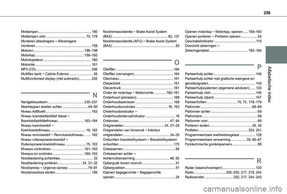 TOYOTA PROACE CITY 2020  Instructieboekje (in Dutch) 259
Alfabetische index
Mistlampen   180Mistlampen vóór   70, 178Monteren allesdragers ~ Allesdragers  monteren   159Motoren   196–198Motorkap   159–160Motorkapsteun   160Motorolie   161MP3 (CD) 