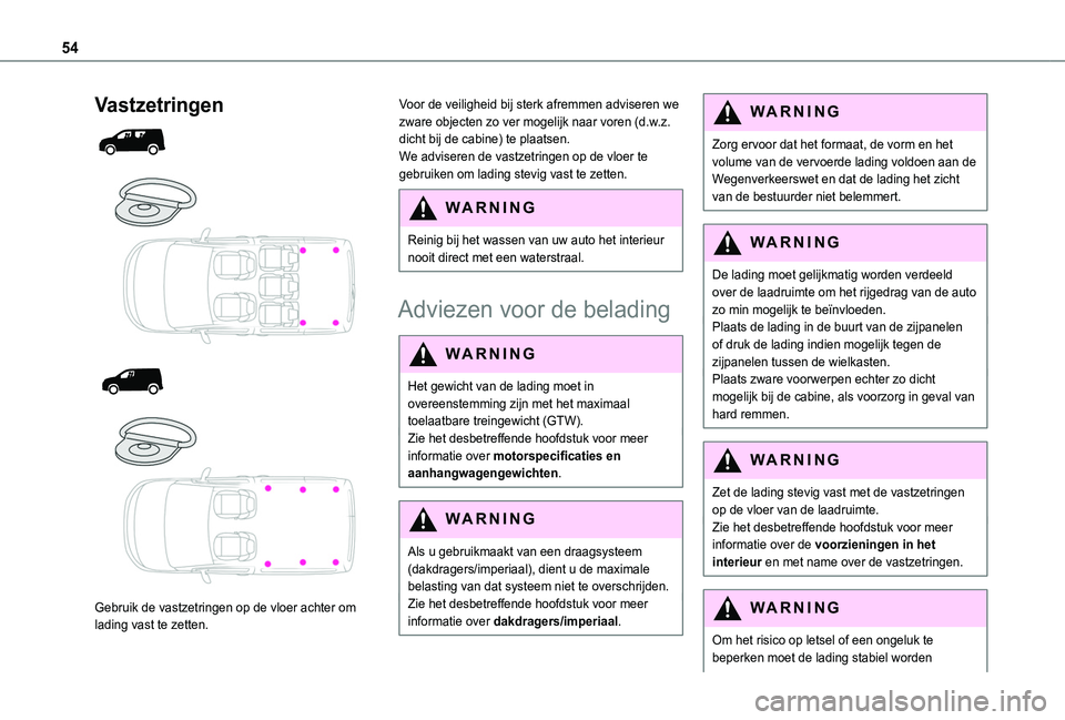 TOYOTA PROACE CITY 2020  Instructieboekje (in Dutch) 54
Vastzetringen 
  
  
  
 
Gebruik de vastzetringen op de vloer achter om lading vast te zetten.
Voor de veiligheid bij sterk afremmen adviseren we zware objecten zo ver mogelijk naar voren (d.w.z. 