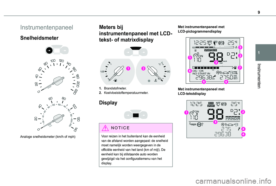 TOYOTA PROACE CITY 2020  Instructieboekje (in Dutch) 9
Instrumenten
1
Instrumentenpaneel
Snelheidsmeter 
  
 
Analoge snelheidsmeter (km/h of mph)
Meters bij 
instrumentenpaneel met LCD-
tekst- of matrixdisplay 
 
1.Brandstofmeter.
2.Koelvloeistoftemper