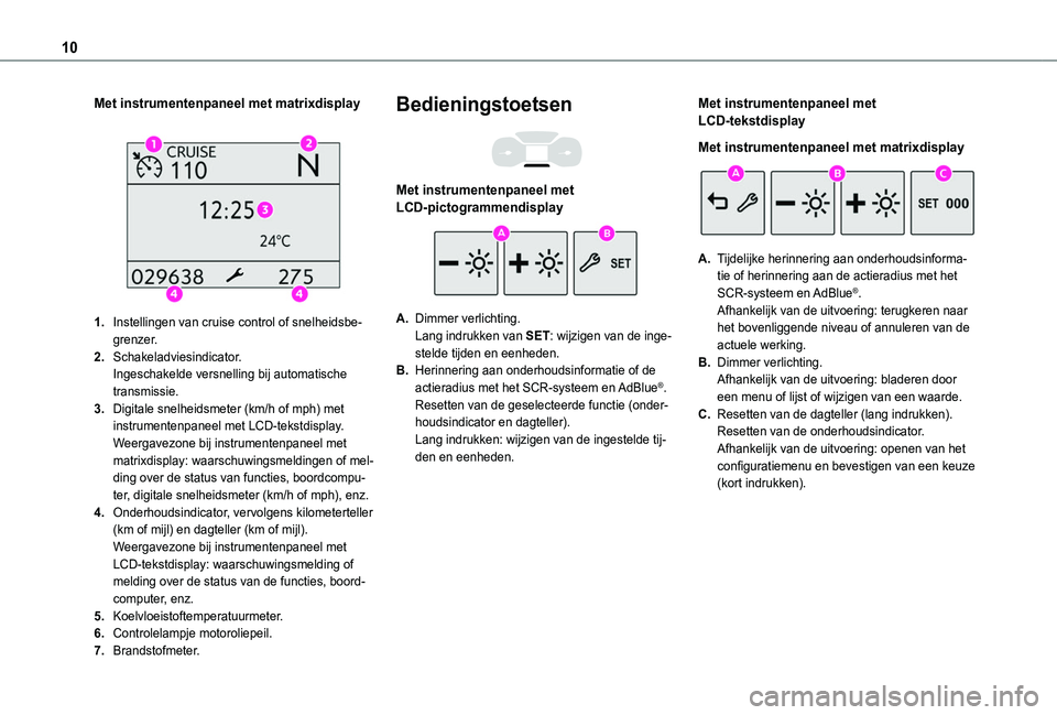 TOYOTA PROACE CITY 2020 Instructieboekje (in Dutch) 10
Met instrumentenpaneel met matrixdisplay
1.Instellingen van cruise control of snelheidsbe-grenzer.
2.Schakeladviesindicator.Ingeschakelde versnelling bij automatische transmissie.
3.Digitale sne TOYOTA PROACE CITY 2020 Instructieboekje (in Dutch) 10
Met instrumentenpaneel met matrixdisplay
1.Instellingen van cruise control of snelheidsbe-grenzer.
2.Schakeladviesindicator.Ingeschakelde versnelling bij automatische transmissie.
3.Digitale sne
