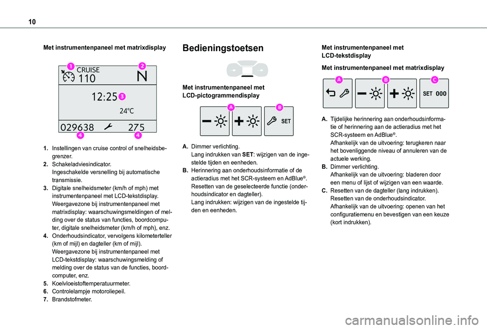 TOYOTA PROACE CITY 2020  Instructieboekje (in Dutch) 10
Met instrumentenpaneel met matrixdisplay 
 
1.Instellingen van cruise control of snelheidsbe-grenzer.
2.Schakeladviesindicator.Ingeschakelde versnelling bij automatische transmissie.
3.Digitale sne