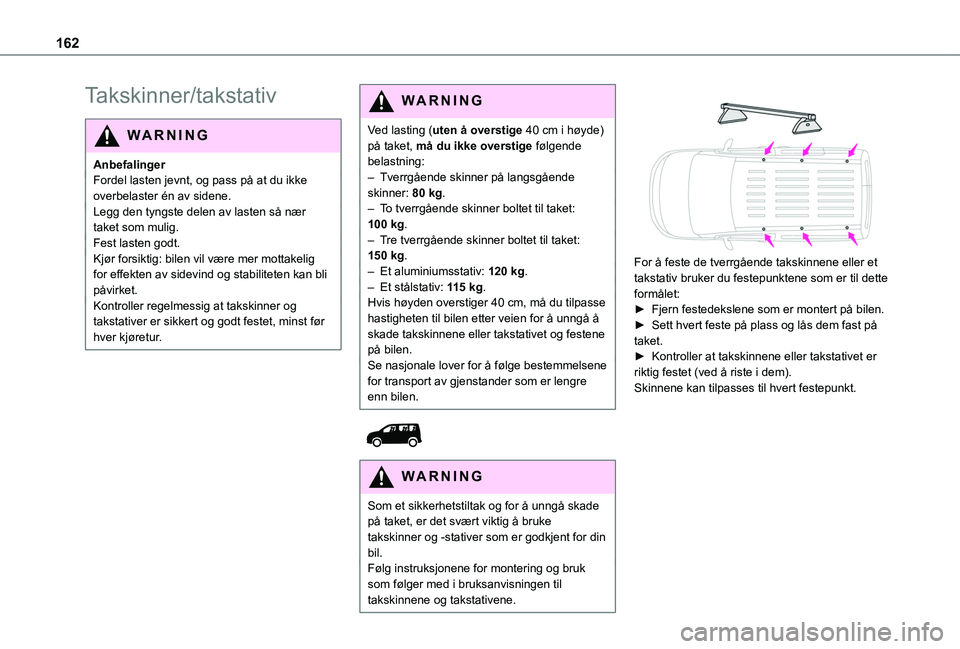 TOYOTA PROACE CITY 2020 Instruksjoner for bruk (in Norwegian) 162
Takskinner/takstativ
WARNI NG
AnbefalingerFordel lasten jevnt, og pass på at du ikke overbelaster én av sidene.Legg den tyngste delen av lasten så nær taket som mulig.Fest lasten godt.Kjør fo TOYOTA PROACE CITY 2020 Instruksjoner for bruk (in Norwegian) 162
Takskinner/takstativ
WARNI NG
AnbefalingerFordel lasten jevnt, og pass på at du ikke overbelaster én av sidene.Legg den tyngste delen av lasten så nær taket som mulig.Fest lasten godt.Kjør fo