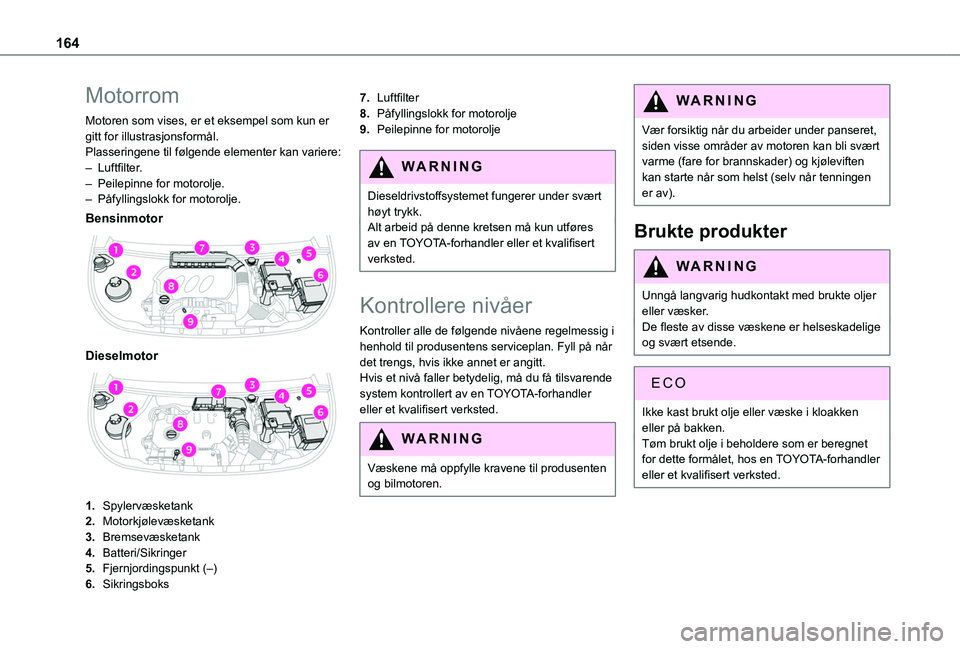 TOYOTA PROACE CITY 2020 Instruksjoner for bruk (in Norwegian) 164
Motorrom
Motoren som vises, er et eksempel som kun er gitt for illustrasjonsformål.Plasseringene til følgende elementer kan variere:– Luftfilter.– Peilepinne for motorolje.– Påfyllingslok TOYOTA PROACE CITY 2020 Instruksjoner for bruk (in Norwegian) 164
Motorrom
Motoren som vises, er et eksempel som kun er gitt for illustrasjonsformål.Plasseringene til følgende elementer kan variere:– Luftfilter.– Peilepinne for motorolje.– Påfyllingslok